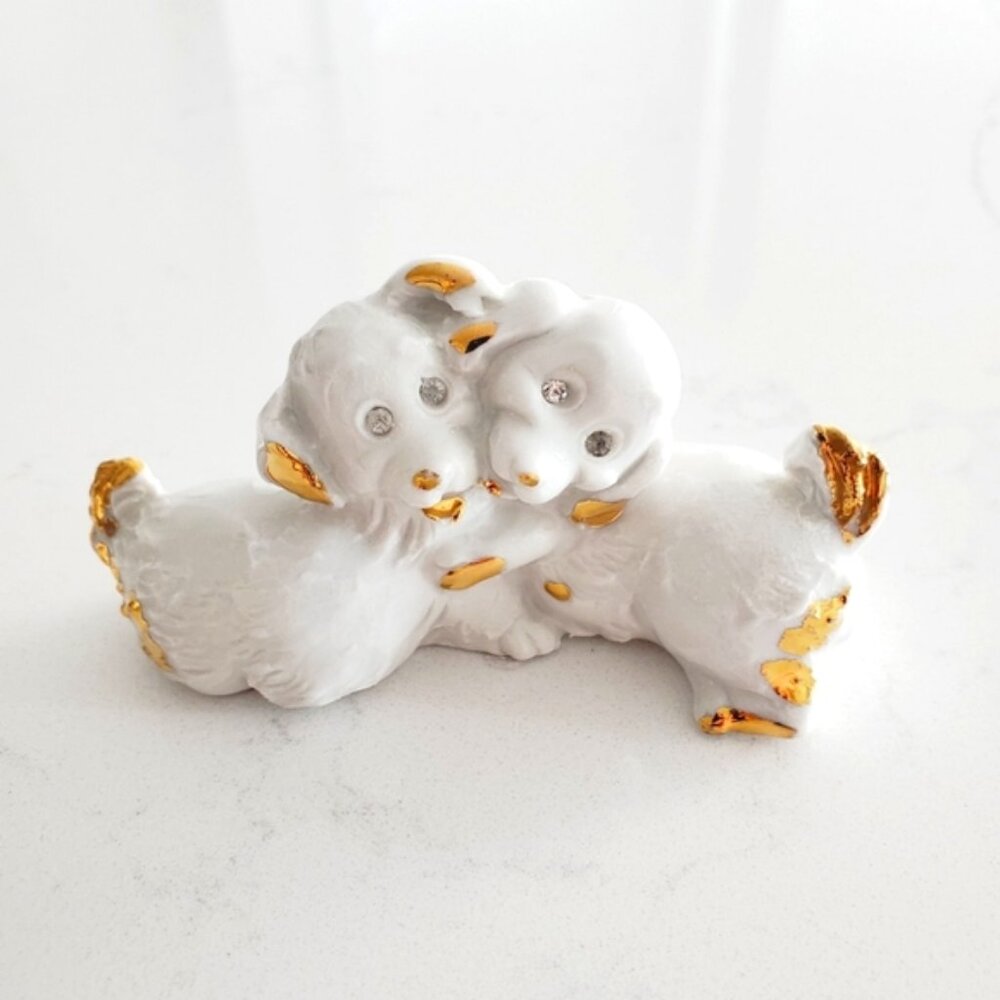Rare Vintage Capodimonte Italy Gold Leaf Porcelain Crystal Dog Puppy Trinket